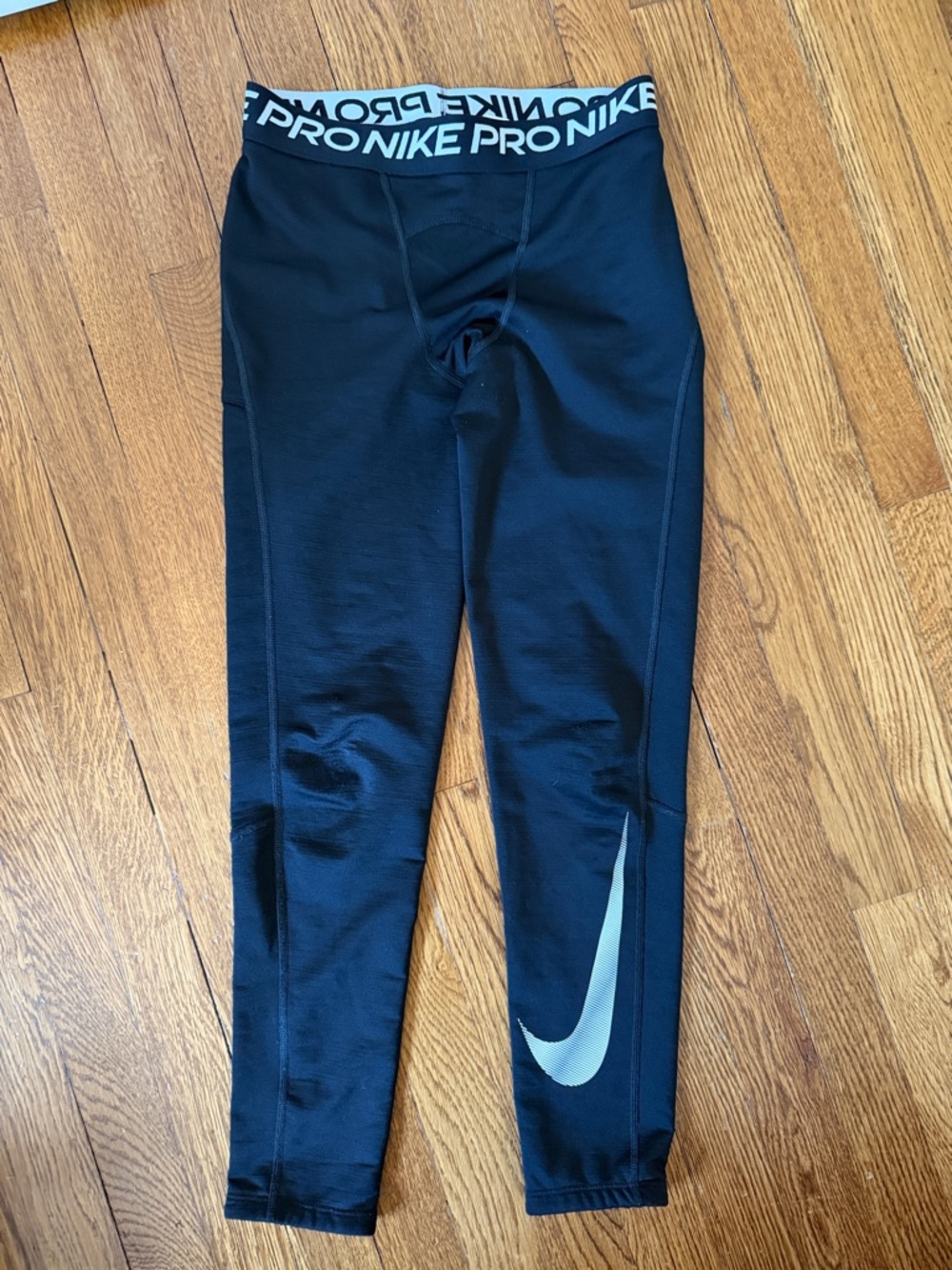 Nike Pro Dri-fit Black Tights with White Swoosh and Elastic Waistband